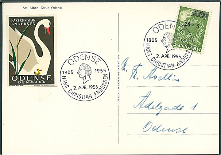 20+5/15+5 øre Provisorium på brevkort annulleret med særstempel Odense Hans Christian Andersen 1905-1955 d. 2.4.1955 til Odense.