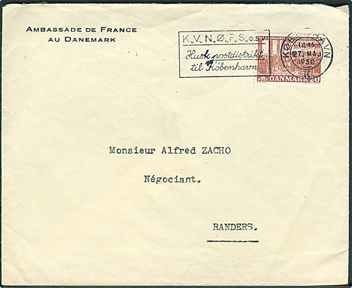 20 øre Grundloven single på fortrykt kuvert fra den franske ambasade i København d. 27.5.1950 til Randers.