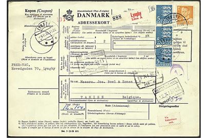 5 kr. Rigsvåben i 3-stribe og 80 øre Fr. IX på 15,80 kr. frankeret internationalt adressekort for pakke fra Lyngby d. 9.11.1960 til Tamise, Belgien.