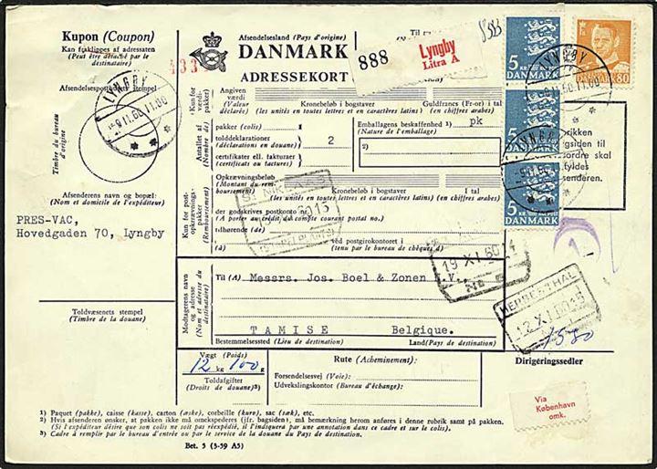 5 kr. Rigsvåben i 3-stribe og 80 øre Fr. IX på 15,80 kr. frankeret internationalt adressekort for pakke fra Lyngby d. 9.11.1960 til Tamise, Belgien.