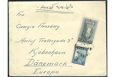 10 pa. og 2½ gr. Landskab på brev fra Mersine ca. 1928 til København, Danmark.