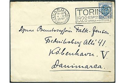 1,25 l. Victor Emanuel single på brev annulleret med TMS Torino Esposizioni 1928 aprile - ottobre/Napoli d. 4.4.1928 til København, Danmark.