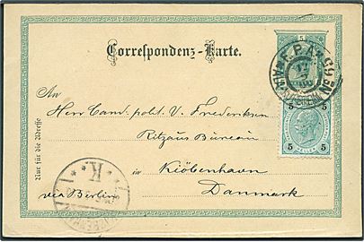 5 h. helsagsbrevkort opfrankeret med 5 h. Franz Joseph annulleret med bureaustempel F.P.A. * Ala-Kufstein No. 65 * d. 12.9.1900 til København, Danmark.