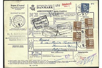 1 kr. Rigsvåben (5) og 60 øre Fr. IX på 5,60 kr. frankeret internationalt adressekort for pakke fra København d. 18.8.1960 til Hemme, Belgien.