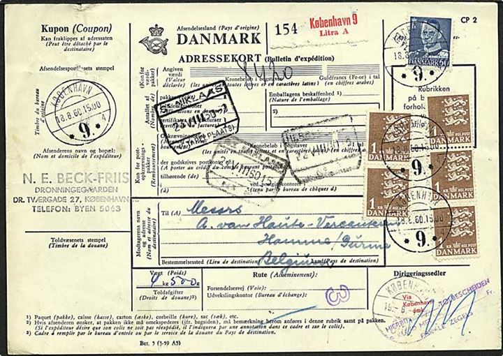 1 kr. Rigsvåben (5) og 60 øre Fr. IX på 5,60 kr. frankeret internationalt adressekort for pakke fra København d. 18.8.1960 til Hemme, Belgien.