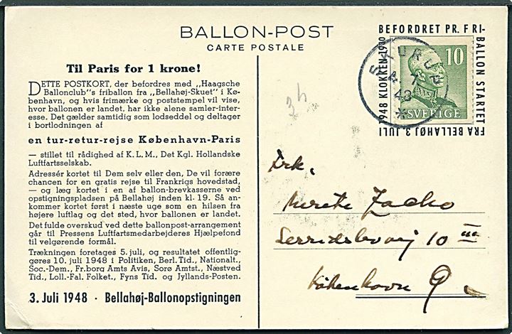 Svensk 10 öre Gustaf på ballon-flyvnings-brevkort fra Bellahøj d. 3.7.1948 stemplet Skurup d. 4.7.1948 til København.