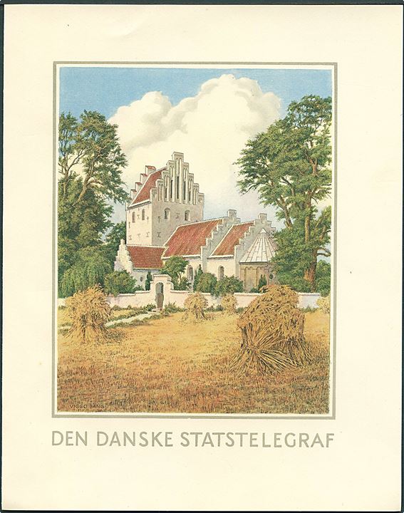 Den danske Statstelegraf. Lykønskningsformular med Kirke (Lyk. 10) signeret Viggo Bang. Anvendt i København 1944.