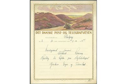 Det danske Post- og Telegrafvæsen lykønskningsformular med Hedelandskab (Lyk. 4) signeret af Palle Wennerwald. Anvendt fra Rønbjerg 1929.