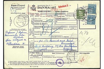 5 kr. Rigsvåben i par og 70 øre Fr. IX på 10,70 kr. frankeret internationalt adressekort for pakke fra København d. 13.7.1959 til Bruxelles, Belgien.