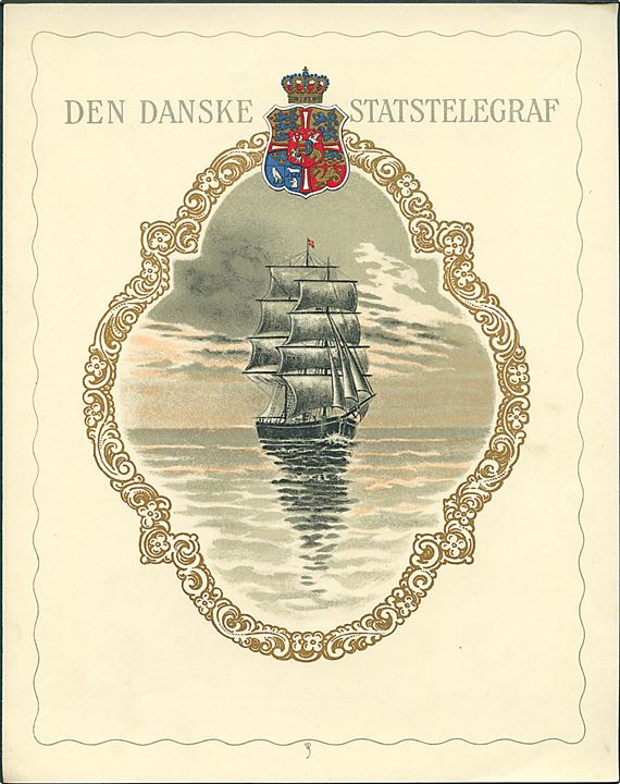Den danske Statstelegraf Lykønskningsformular med Sejlskib (Form. Nr. 555-6-1927 Lyk.10) signeret VS. Anvendt i Kalundborg 1930.