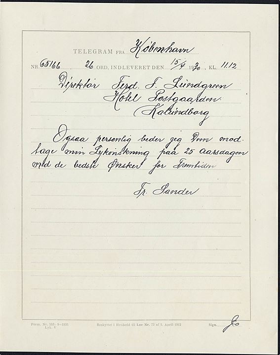 Den danske Statstelegraf Lykønskningsformular med Rosenborg (Form. Nr. 553-9-1926 Lyk.8). Anvendt i Kalundborg 1930.