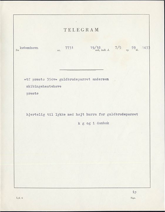 Den danske Statstelegraf lykønskningsformular Markblomster (Lyk. 6) signeret Stubbe T 1952 = Carl Vilhelm Stubbe-Teglbjærg. Anvendt i København 1959.