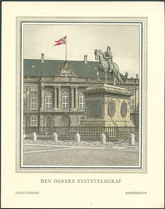 Den danske Statstelegraf lykønskningsformular Amalienborg (Lyk. 21) signeret Viggo Bang. Anvendt i København 1955.