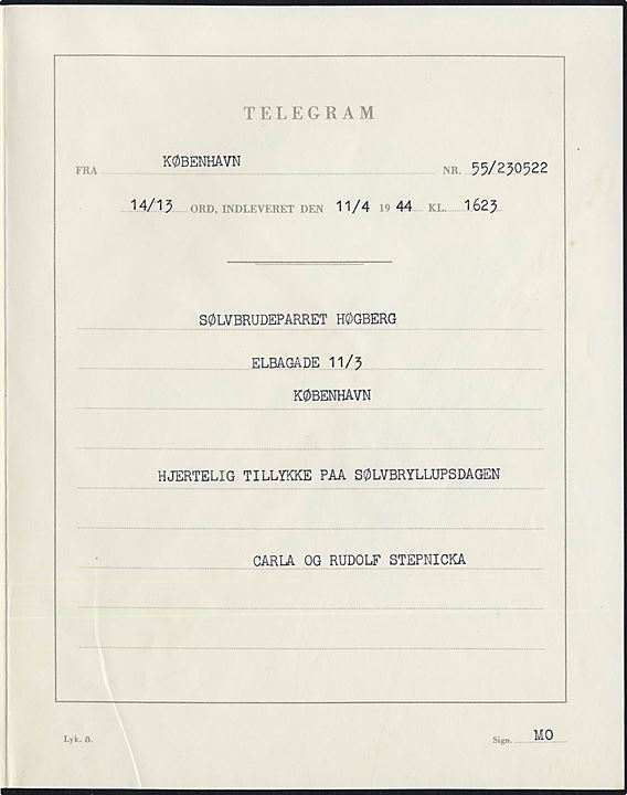 Den danske Statstelegraf lykønskningsformular Statens Skoleskib Danmark (Lyk.8) signeret Harry Kluge 1932. Anvendt i København 1944.