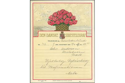 Den danske Statstelegraf Lykønskningsformular med Roser (Form. Nr. 552-2-1925 Lyk.7). Anvendt i Charlottenlund 1927.