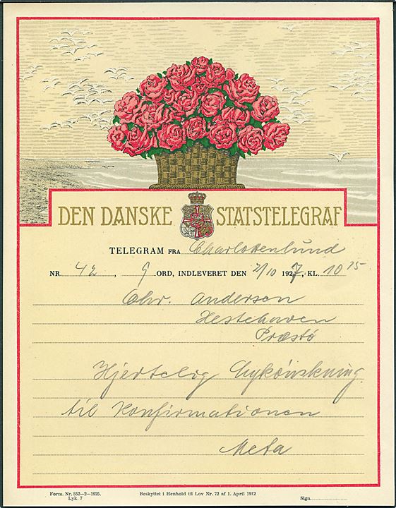 Den danske Statstelegraf Lykønskningsformular med Roser (Form. Nr. 552-2-1925 Lyk.7). Anvendt i Charlottenlund 1927.