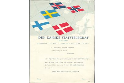 Den danske Statstelegraf Lykønskningsformular med Nordiske flag (Lyk. 52). Anvendt i København 1958.