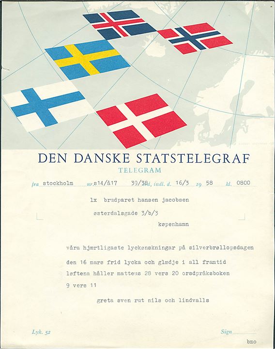Den danske Statstelegraf Lykønskningsformular med Nordiske flag (Lyk. 52). Anvendt i København 1958.