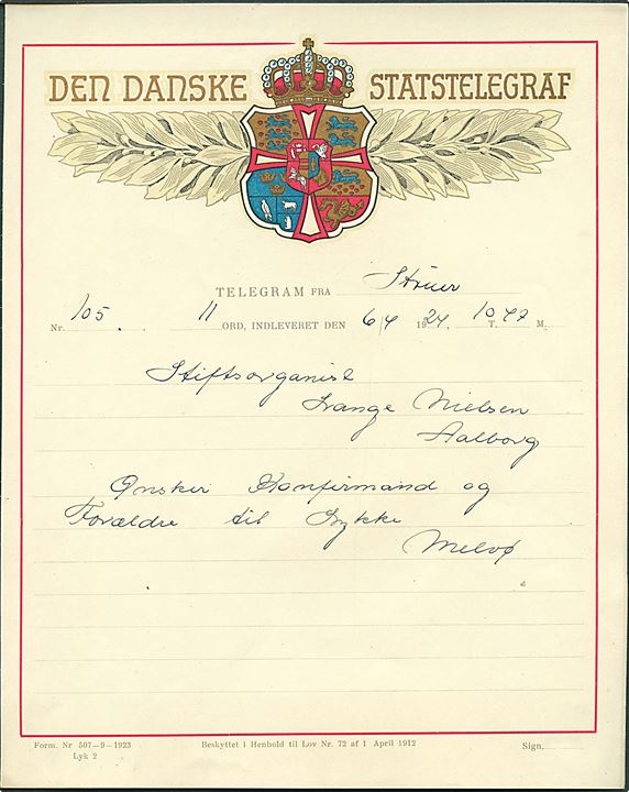 Den danske Statstelegraf Lykønskningsformular (Form. Nr. 507-9-1923 Lyk.2). Anvendt i Aalborg 1924.