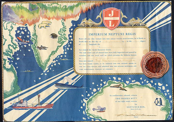 Rederiet J. Lauritzen Polardåb certificat formular udstedt d. 30.1.1960 ombord på M/S Magga Dan. Klippet i kanten.