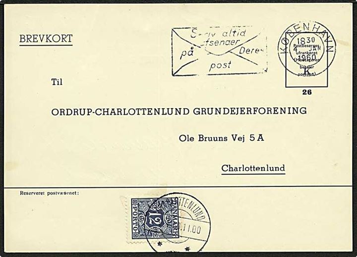 Ufrankeret svarbrevkort fra København d. 4.12.1960 til Charlottenlund. Påsat 12 øre Portomærke stemplet Charlottenlund d. 5.1.1960.