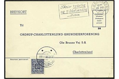 Ufrankeret svarbrevkort fra København d. 26.12.1959 til Charlottenlund. Påsat 12 øre Portomærke stemplet Charlottenlund d. 28.12.1959.