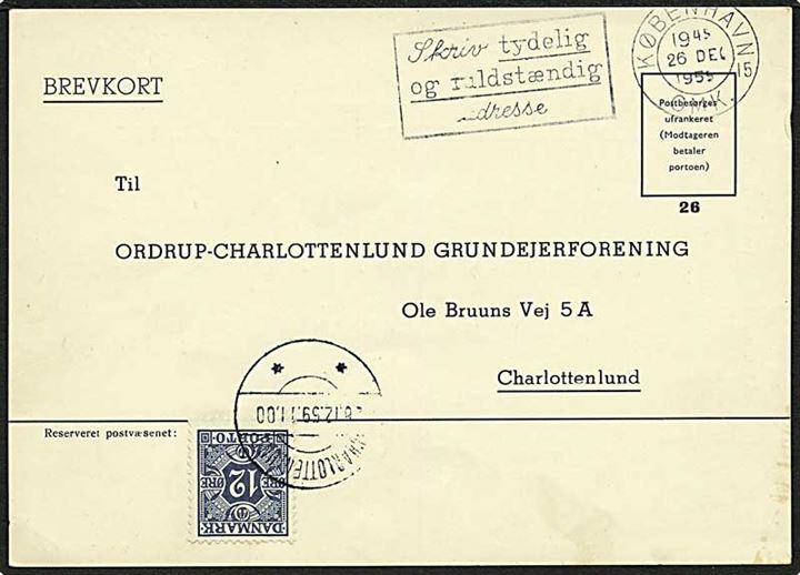Ufrankeret svarbrevkort fra København d. 26.12.1959 til Charlottenlund. Påsat 12 øre Portomærke stemplet Charlottenlund d. 28.12.1959.