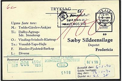 Ufrankeret svar-tryksag fra Vejle d. 5.1.1970 til Fredericia. 100 øre grønt porto-maskinstempel fra Fredericia Postkontor d. 6.1.1970.
