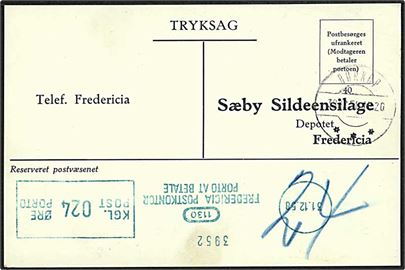Ufrankeret svar-tryksag stemplet Børkop d. 30.12.1958 til Fredericia. 24 øre grønt porto-maskinstempel fra Fredericia Postkontor d. 31.12.1958.