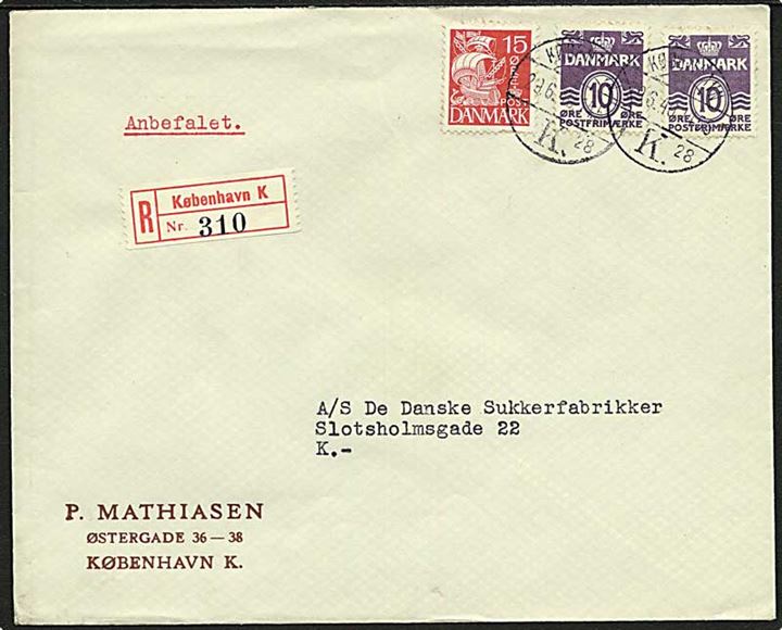 10 øre Bølgelinie og 15 øre Karavel på 35 øre frankeret lokalt anbefalet brev fra København d. 29.6.1940.