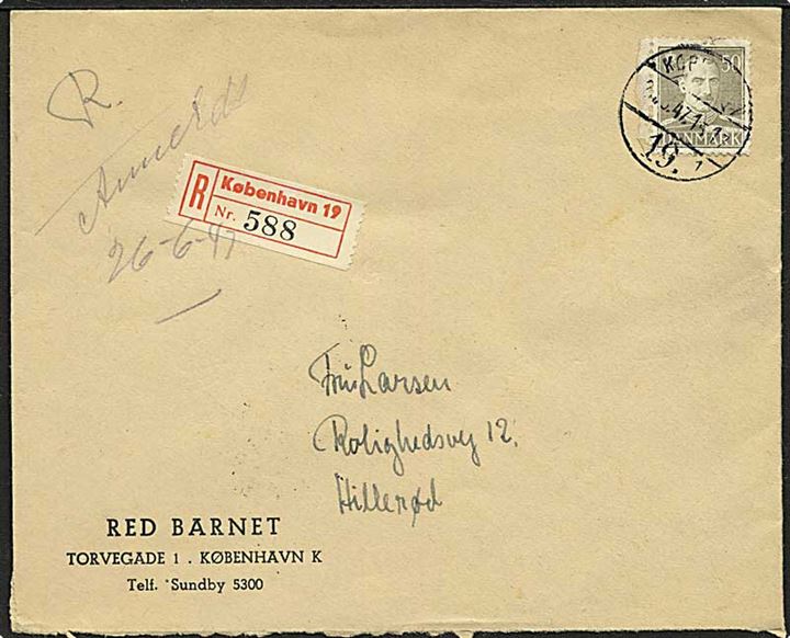 50 øre Chr. X single på anbefalet brev fra Red Barnet stemplet København 19 d. 24.5.1947 til Hillerød.