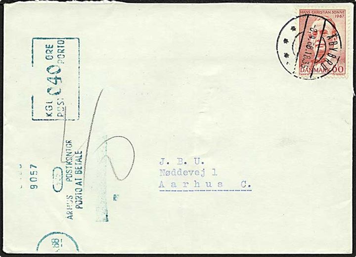 60 øre H.C.Sonne single på underfrankeret brev fra Åbybro d. 3.4.1968 til Århus. Udtakseret i 40 øre porto med grønt porto-maskinstempel fra Aarhus Postkontor.