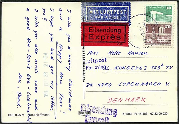 80 pfg. blandingsfrankeret ekspres luftpostbrevkort fra 1983 til Danmark.