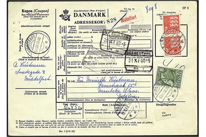 2 kr. Rigsvåben i par og 10 øre 1000 Års udg. på 4,10 kr. frankeret internationalt adressekort for pakke fra Middelfart d. 17.11.1960 til Belgien.