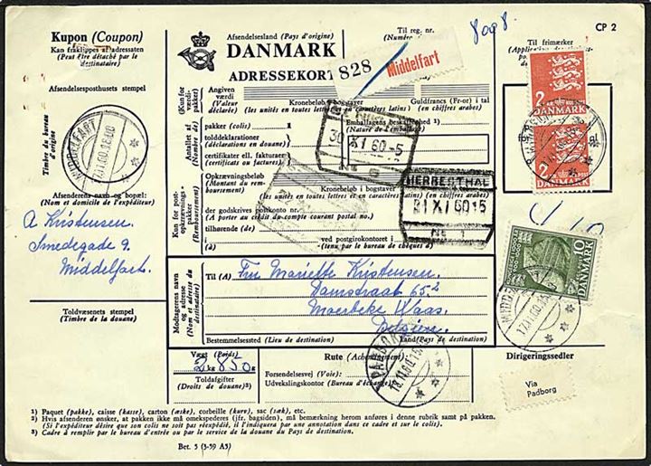 2 kr. Rigsvåben i par og 10 øre 1000 Års udg. på 4,10 kr. frankeret internationalt adressekort for pakke fra Middelfart d. 17.11.1960 til Belgien.
