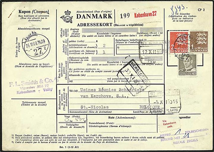1 kr., 2 kr. Rigsvåben og 40 øre Fr. IX på 3,40 kr. frankeret internationalt adressekort for pakke fra København 27 d. 26.11.1960 til St. Nicolas, Belgien.
