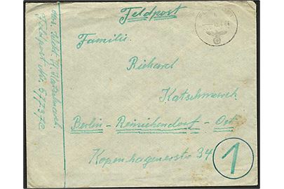 Ufrankeret tysk feltpostbrev stemplet Feldpost k d. 15.4.1944 til Berlin. Fra soldat ved Feltpost Nr. 57737c = 3. Batterie Reserve-Artillerie-Abteilung (mot.) 59 stationeret i Randers.