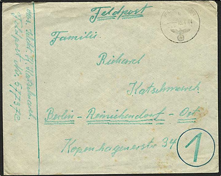 Ufrankeret tysk feltpostbrev stemplet Feldpost k d. 15.4.1944 til Berlin. Fra soldat ved Feltpost Nr. 57737c = 3. Batterie Reserve-Artillerie-Abteilung (mot.) 59 stationeret i Randers.