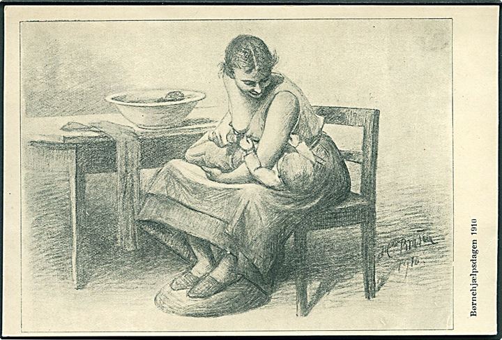 Børnehjælpsdagen 1910. Mor ammer barn. Chr. J. Cato u/no. 