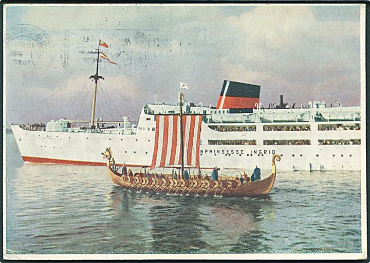 M/S Kronprinsesse Ingrid passerer Vikingeskibet Hugin paa sin rejse fra Esbjerg til Harwich. Broholm Poulsen u/no. 