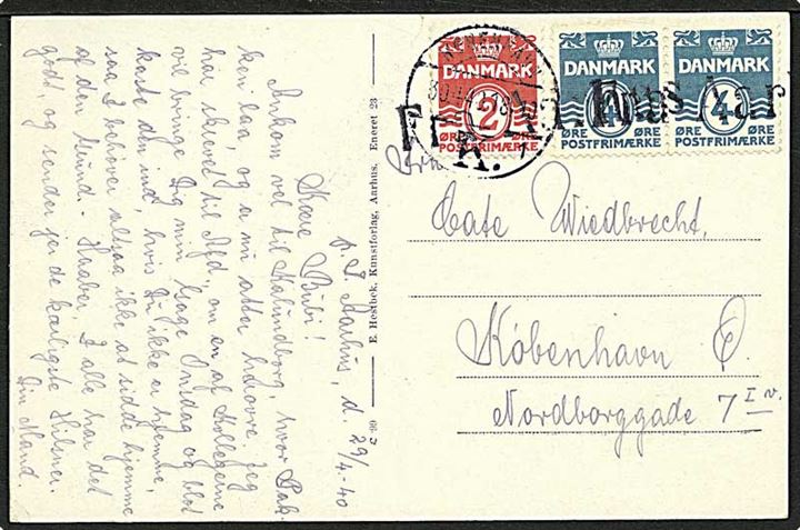 2 øre og 4 øre (par) Bølgelinie på skibsbrevkort dateret Aarhus og annulleret med skibsstempel Fra Aarhus, samt sidestemplet København K d. 30.4.1940 til København.