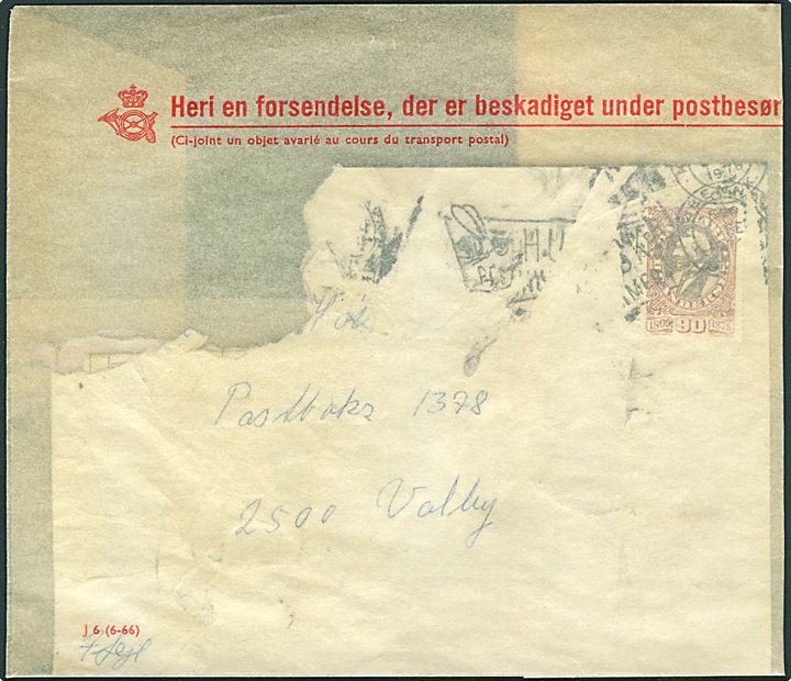 90 øre H. C. Andersen på beskadiget brev fra København d. 3.2.1976 til Valby. Forsendelsen ilagt pergamyn kuvert J.6 (6-66) med meddelelse fra Omkrateringspostkontoret.