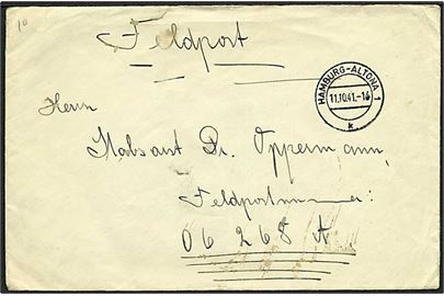 Ufrankeret feltpostbrev fra Hamburg-Altona d. 11.10.1941 til Stabsarzt ved feldpost nr. 06268A = Stab, Infanterie Ersatz Regiment 58 stationeret i Ringsted. På bagsiden påsat 1 pfg. Hindenburg udg.