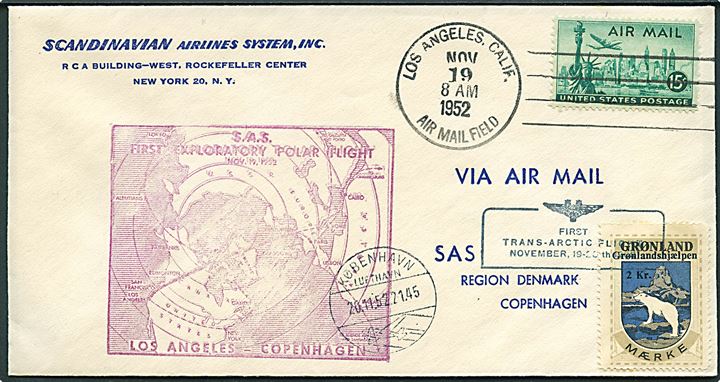 15 cents Luftpost og 1 kr. Grønlandshjælpen mærkat på SAS 1.-flyvningskuvert fra Los Angeles d. 19.11.1952 til København.