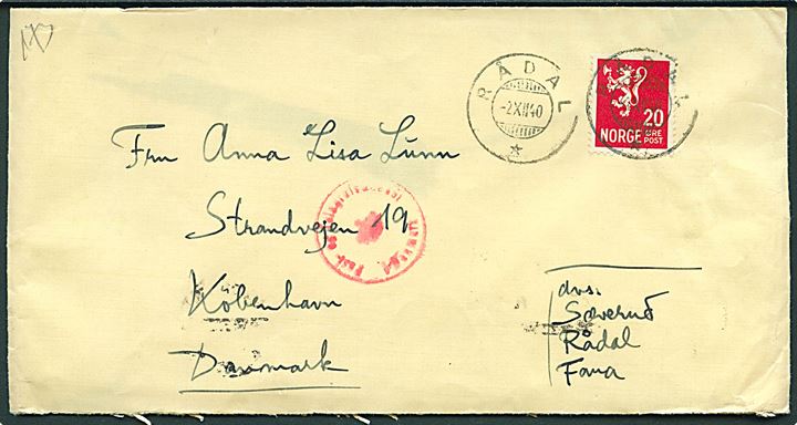 20 øre Løve på brev fra Rådal d. 2.12.1940 via Bergen til København, Danmark. Åbnet af tysk censur i Oslo.