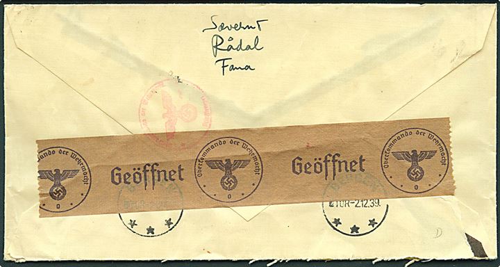 20 øre Løve på brev fra Rådal d. 2.12.1940 via Bergen til København, Danmark. Åbnet af tysk censur i Oslo.