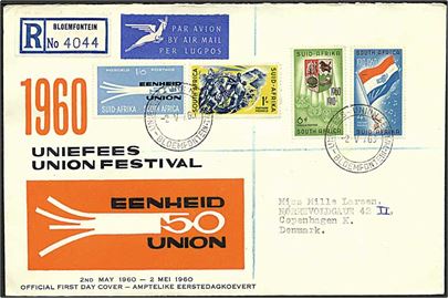 Komplet sæt Unionen 60 år på anbefalet luftpost FDC fra Bloemfontein d. 2.5.1960 tl København, Danmark.
