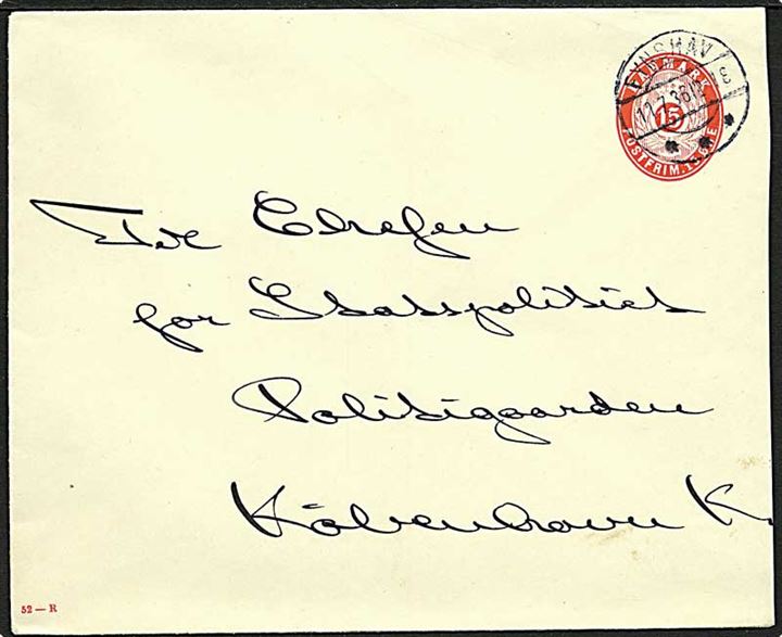 15 øre helsags kuvert annulleret med brotype IIb stempel Fynshav d. 11.7.1936 til Chefen for Statspolitiet, København.