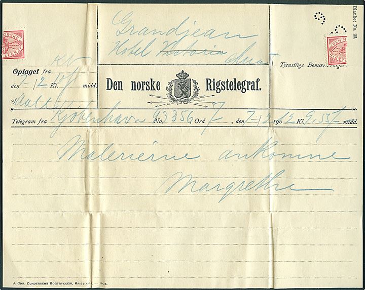 Den norske Rigstelegraf Blanket No. 23 med telegram fra Kjøbenhavn d. 7.2.1912 til Christiania. 