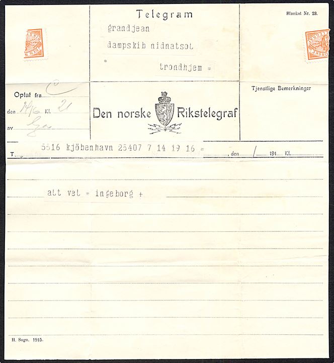 Den norske Rikstelegraf blanket nr 23 (1915) med telegram fra